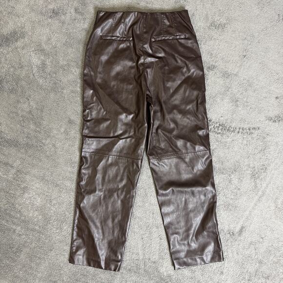 H&M Vegan Leather Pants Womens 10 Stretch Waist Chocolate Brown Straight Leg - Picture 2 of 9